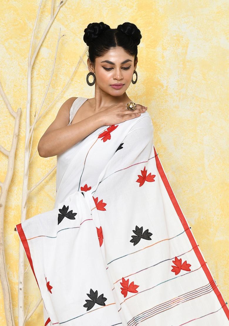 White Embroidered Cotton Saree Set
