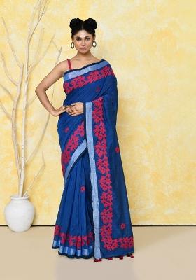 Royel Blue Embroidered Cotton Saree Set