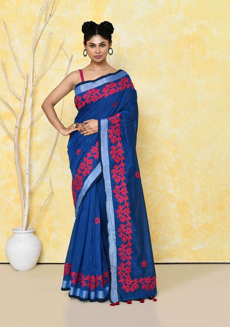 Royel Blue Cotton Saree Set with Embroidered for Diwali | Wedding & Festive Wear - Indya