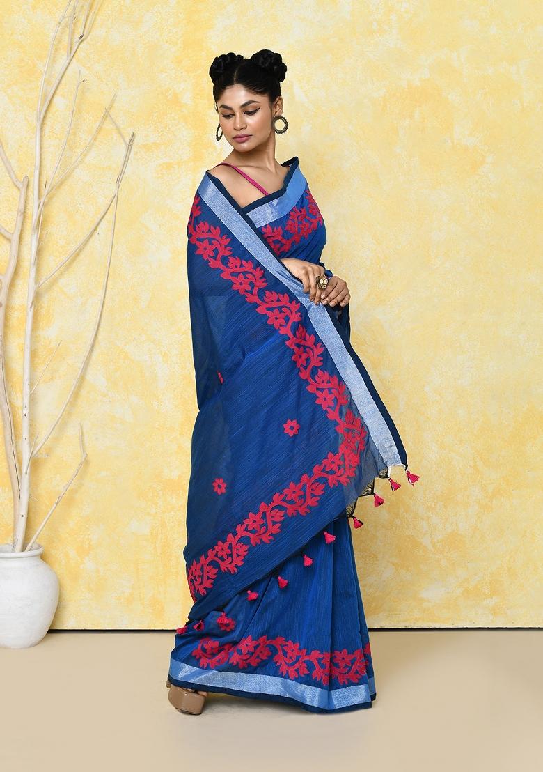 Royel Blue Embroidered Cotton Saree Set