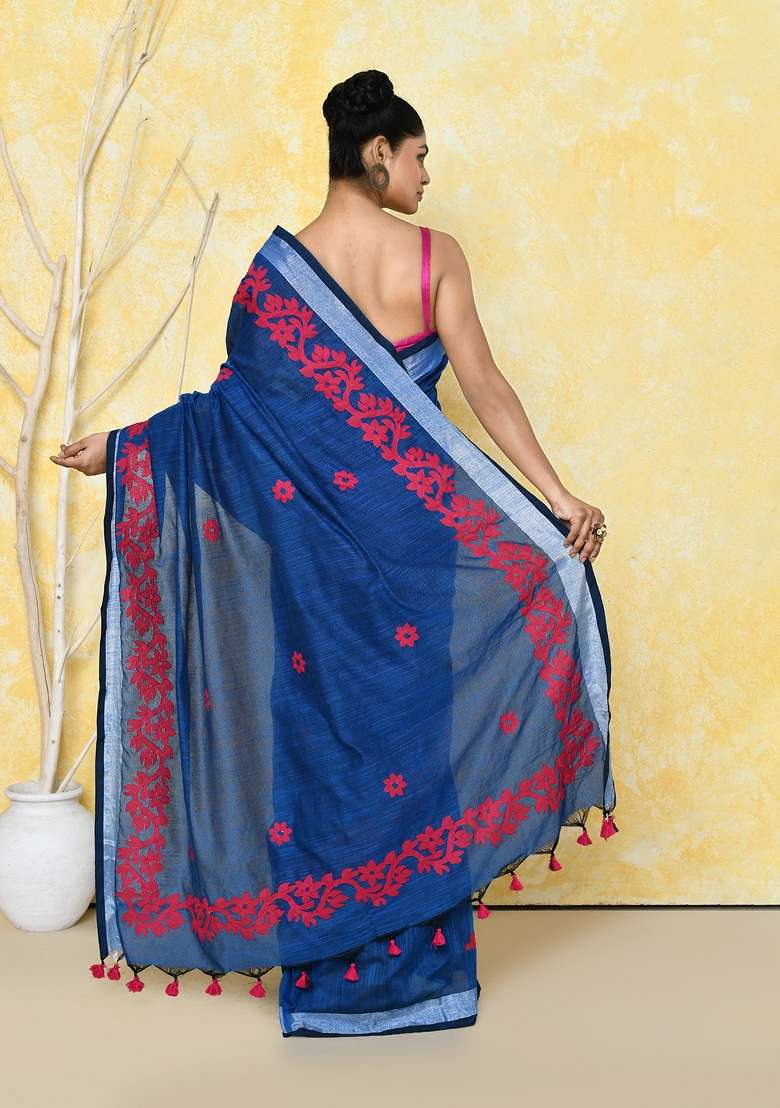 Royel Blue Cotton Saree Set with Embroidered for Diwali | Wedding & Festive Wear - Indya