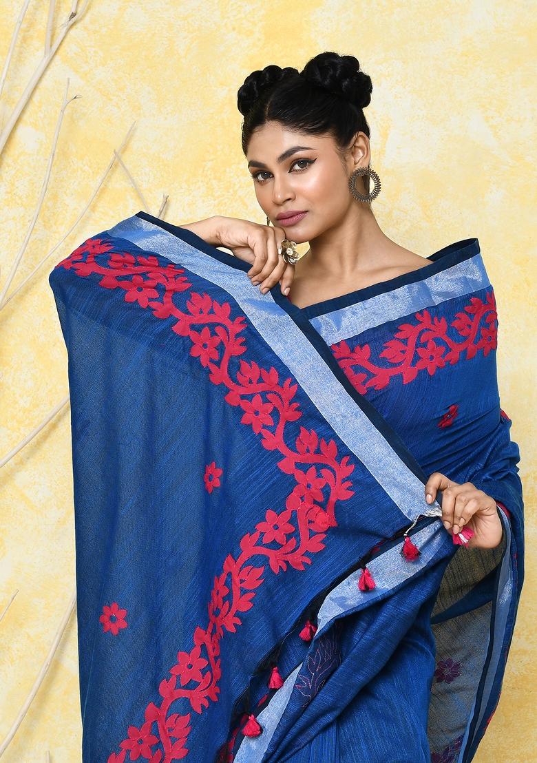 Royel Blue Embroidered Cotton Saree Set