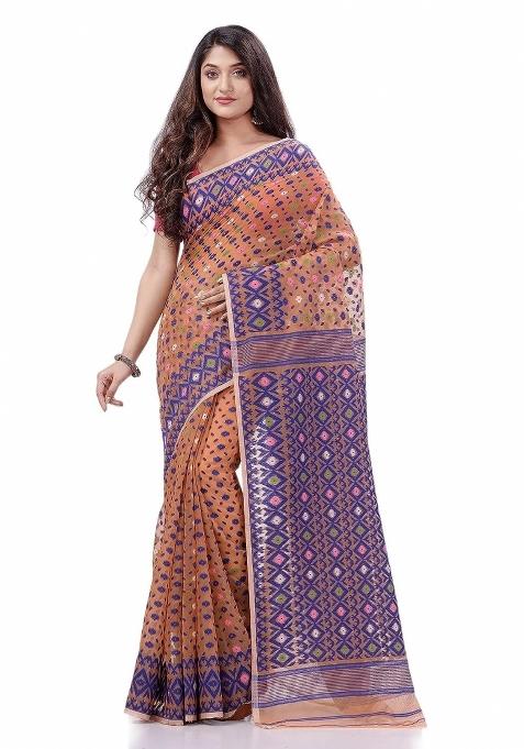 Peach Embroidered Cotton Saree