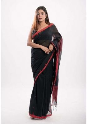 Black Embroidered Cotton Saree Set