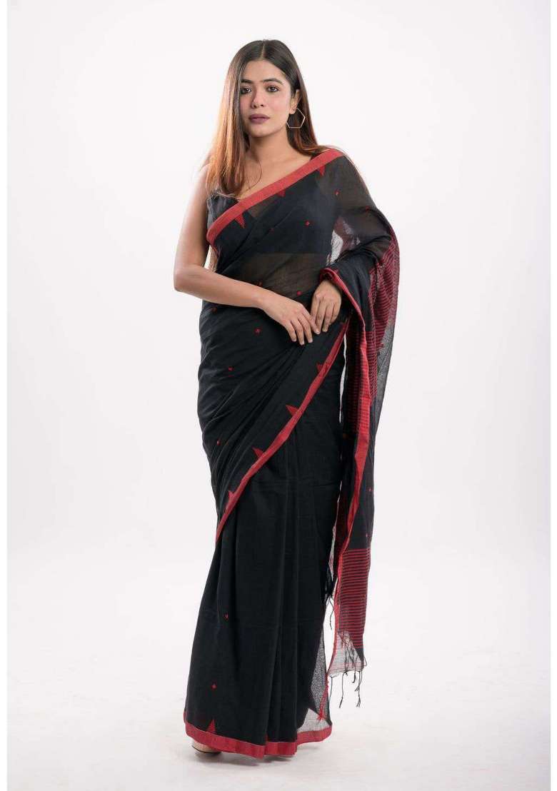 Black Cotton Saree Set with Embroidered for Diwali | Wedding & Festive Wear - Indya