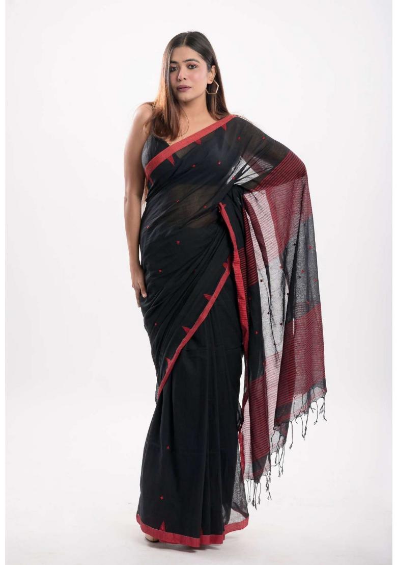 Black Embroidered Cotton Saree Set