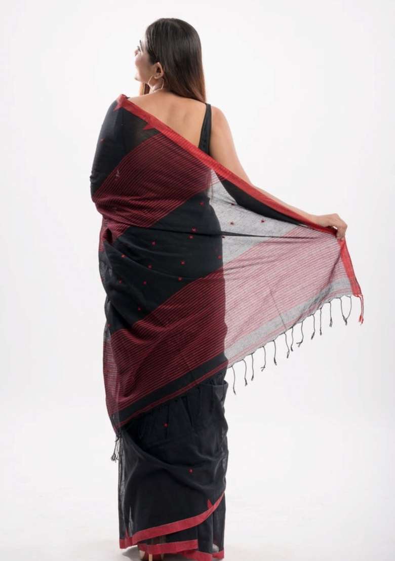 Black Cotton Saree Set with Embroidered for Diwali | Wedding & Festive Wear - Indya