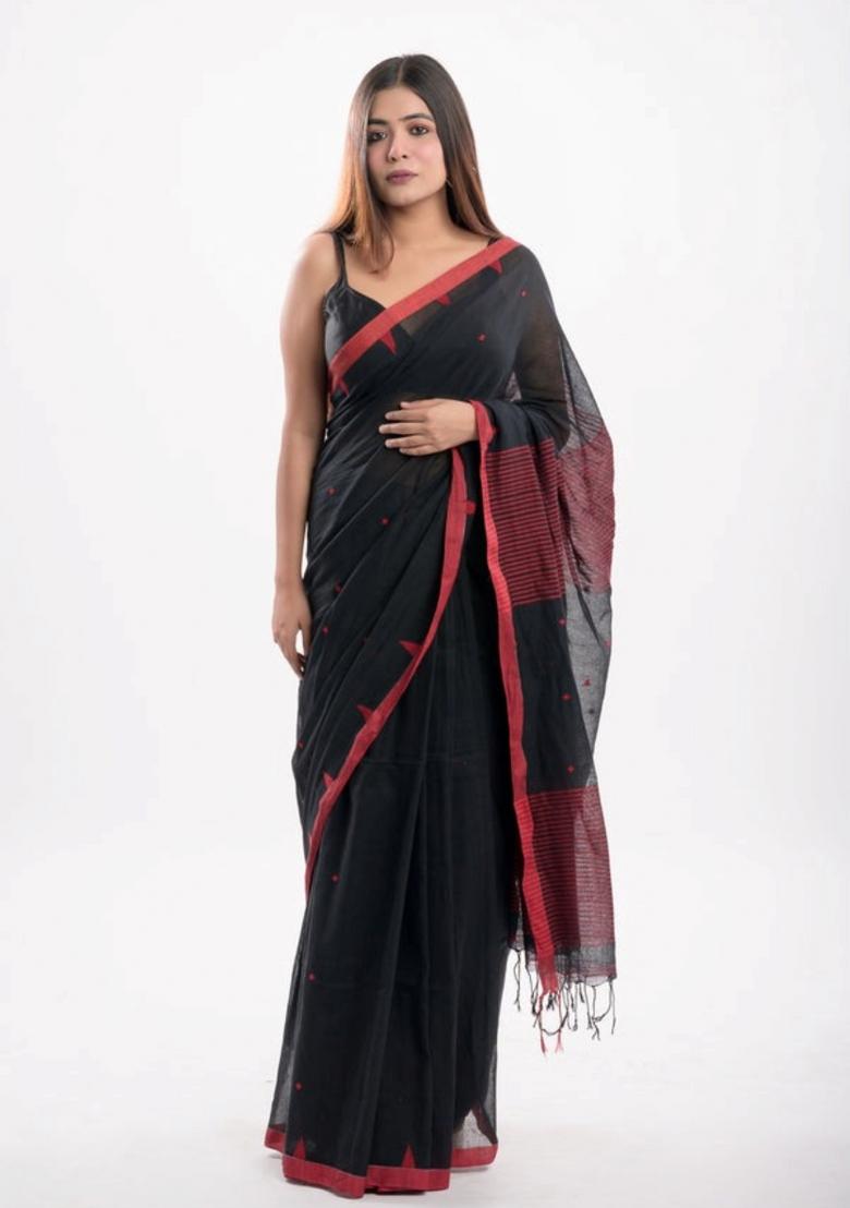 Black Embroidered Cotton Saree Set