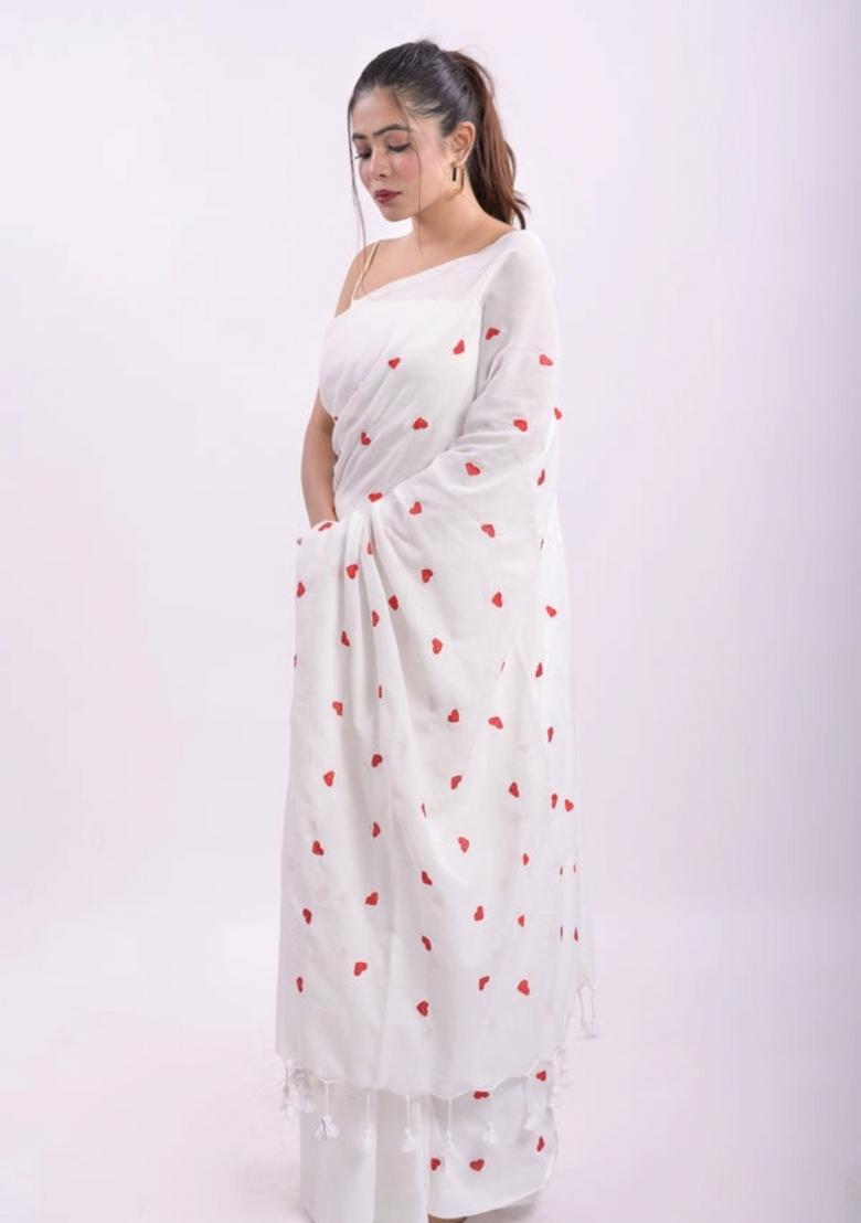 White Embroidered Cotton Saree