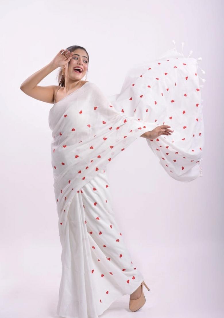 White Embroidered Cotton Saree
