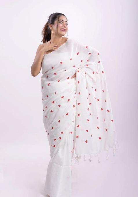 White Embroidered Cotton Saree