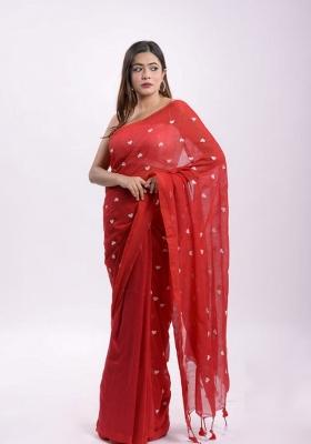 Red Embroidered Cotton Saree
