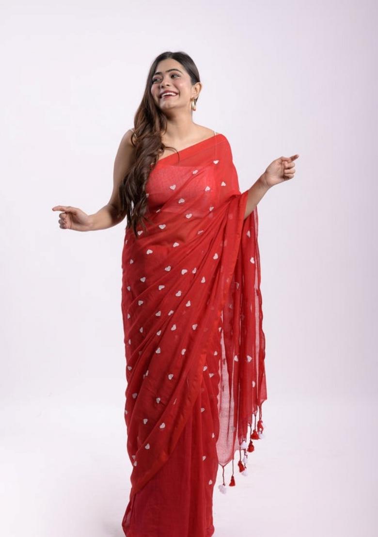 Red Embroidered Cotton Saree