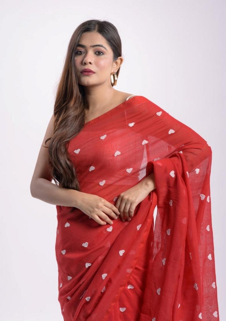 Red Embroidered Cotton Saree