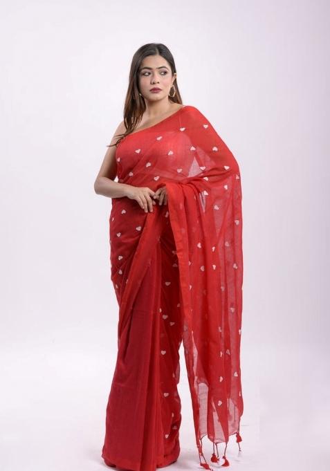 Red Embroidered Cotton Saree