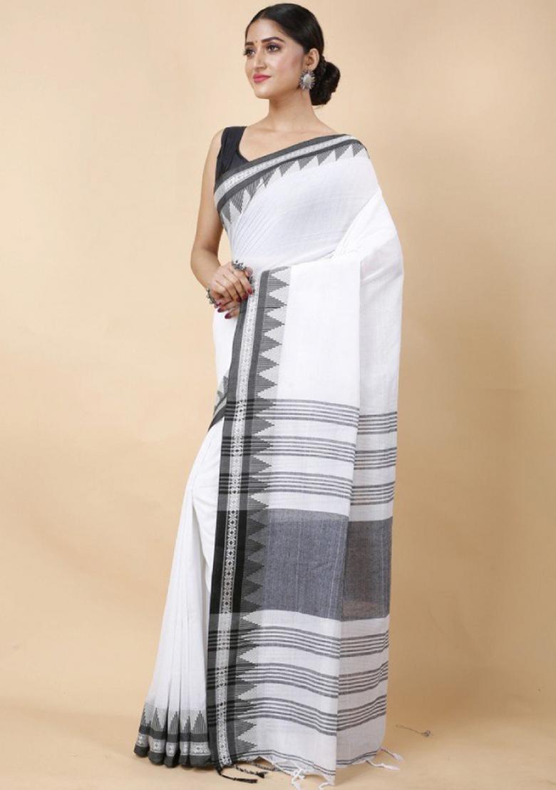 White Embroidered Cotton Saree Set