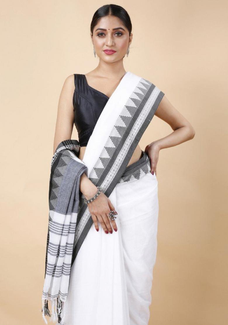 White Embroidered Cotton Saree Set