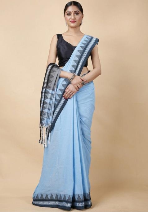 Sky Blue Embroidered Cotton Saree Set