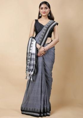 Grey Embroidered Cotton Saree Set