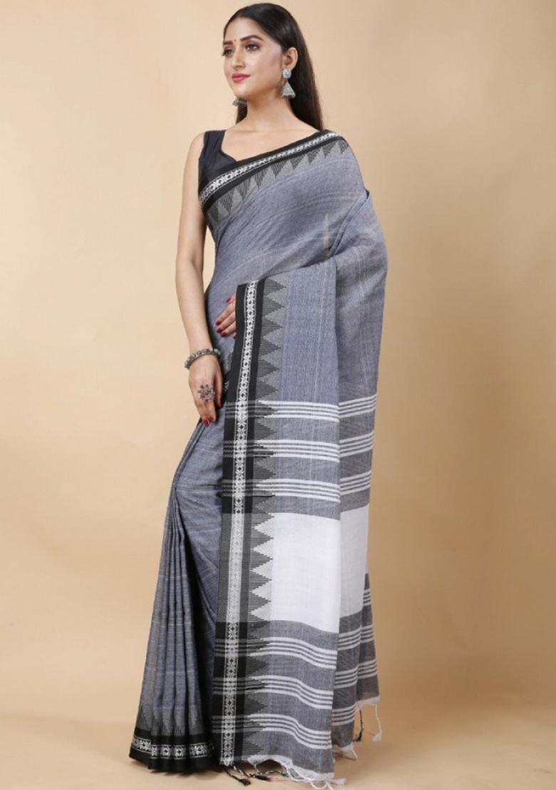 Grey Embroidered Cotton Saree Set