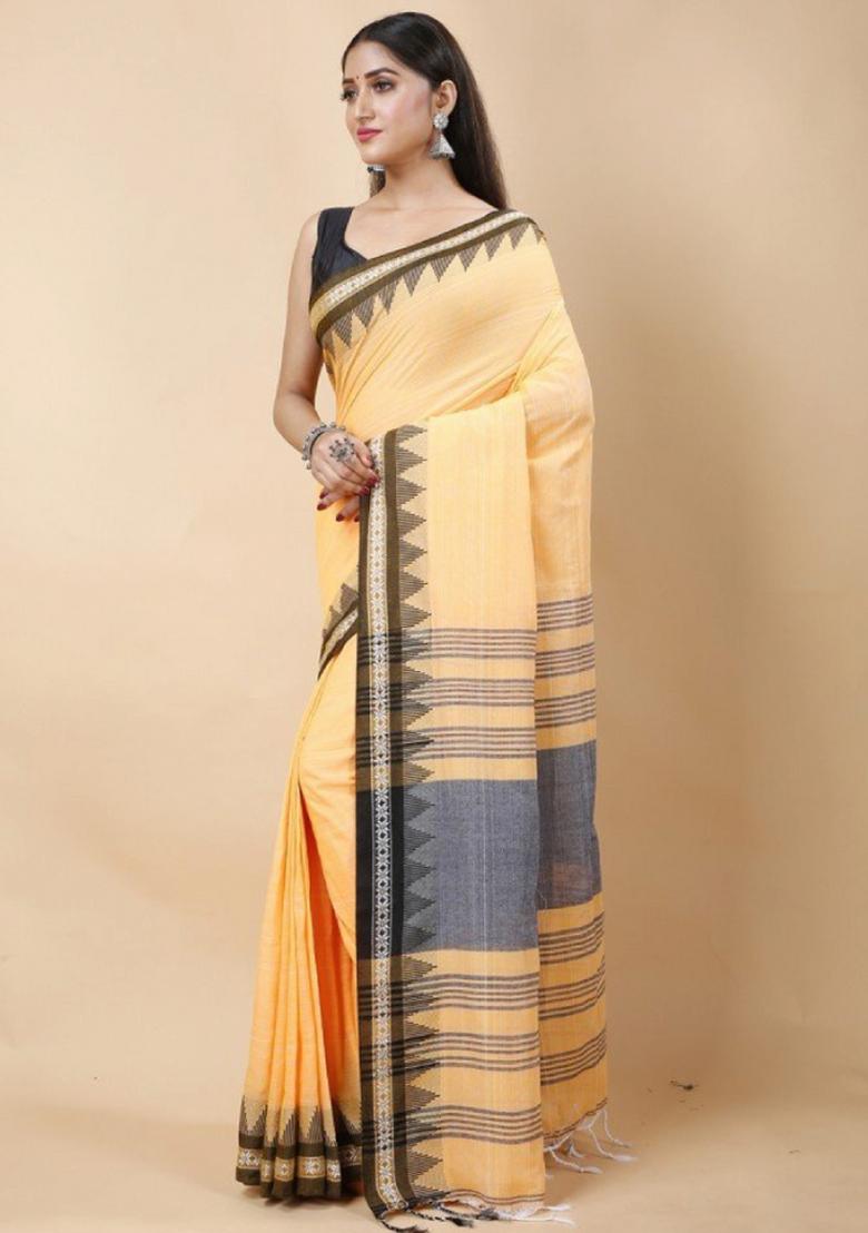 Tan Embroidered Cotton Saree Set