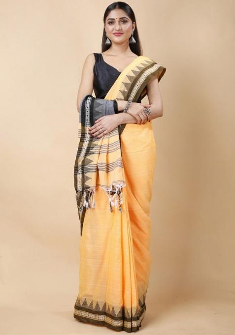 Tan Embroidered Cotton Saree Set