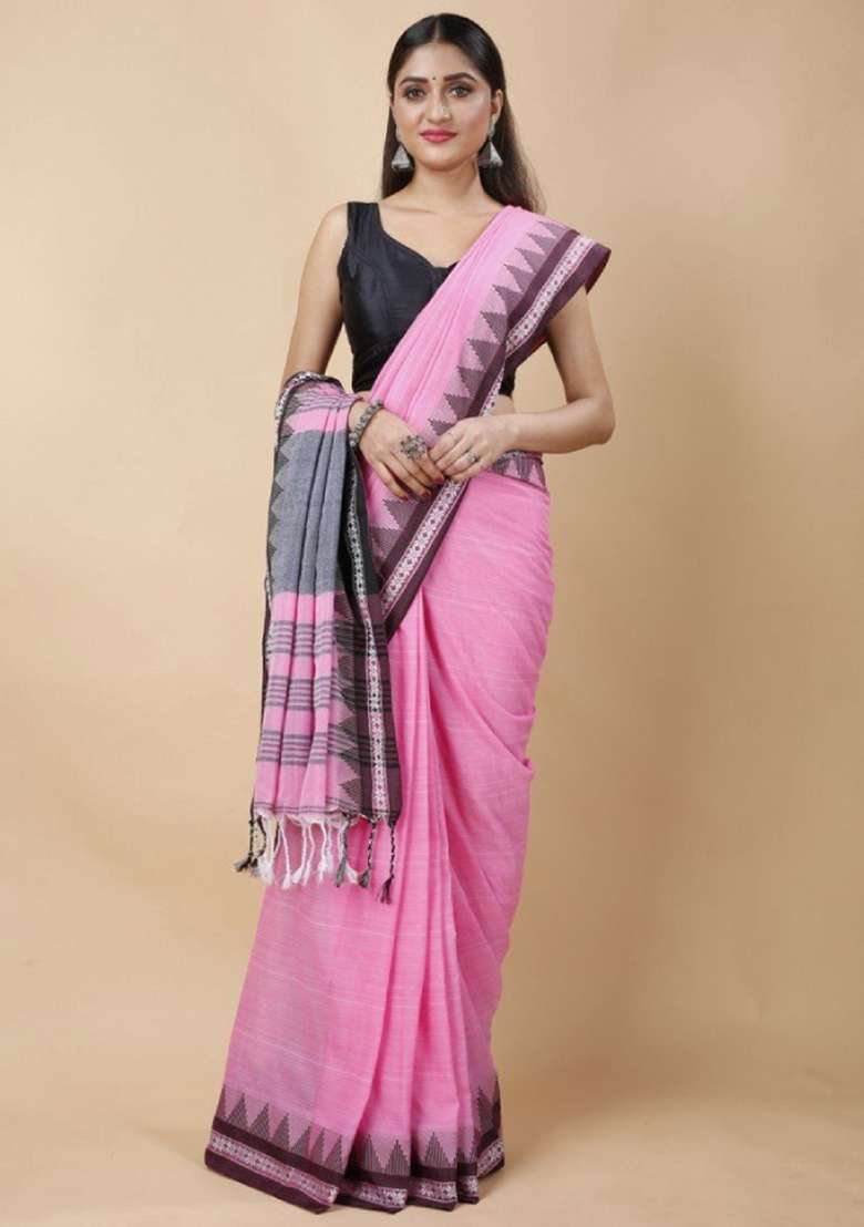 Pink Embroidered Cotton Saree Set for Diwali and Festive Wear - Indya