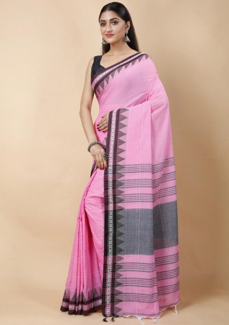 Pink Embroidered Cotton Saree Set