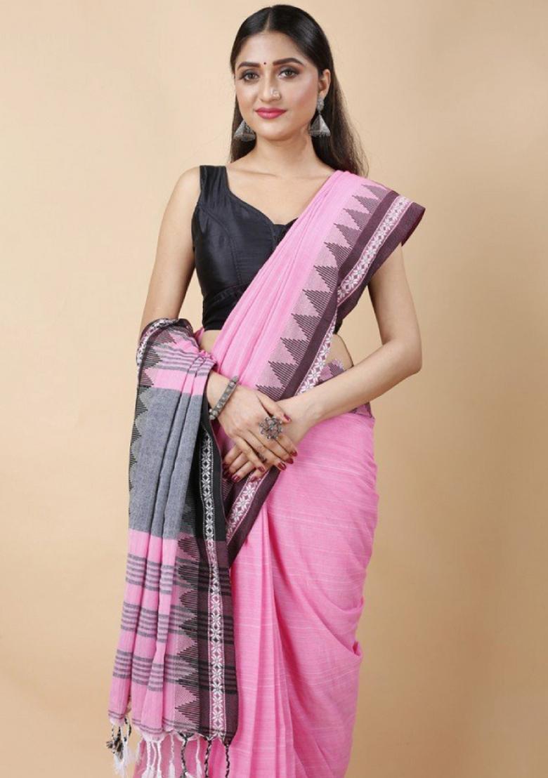 Pink Embroidered Cotton Saree Set