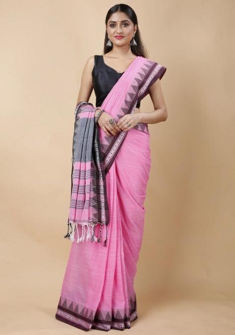 Pink Embroidered Cotton Saree Set