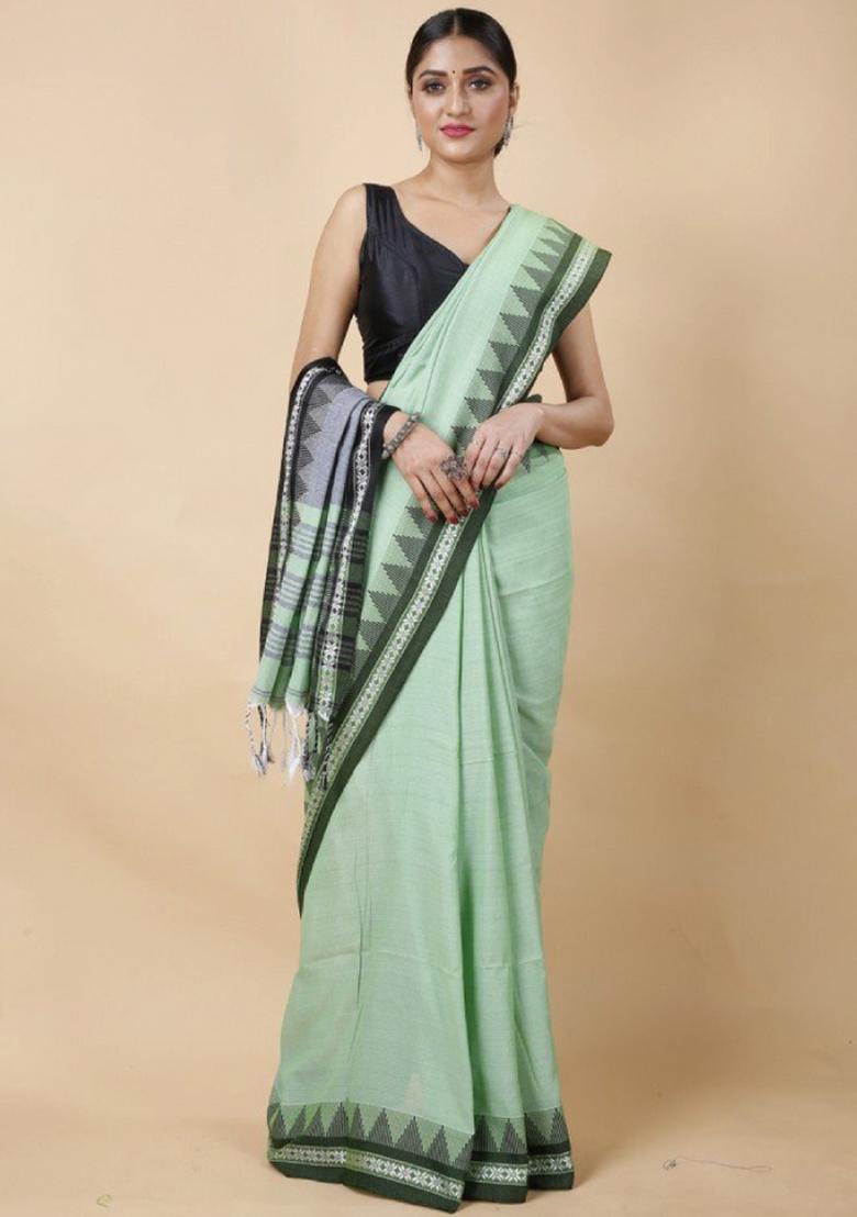 Sage Green Embroidered Cotton Saree Set