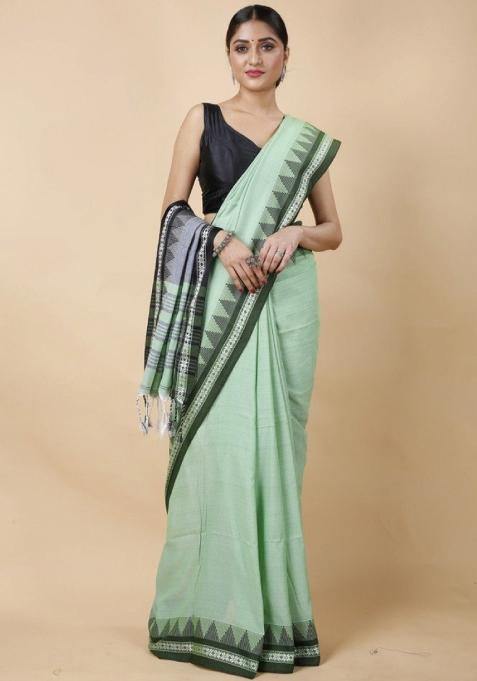 Sage Green Embroidered Cotton Saree Set