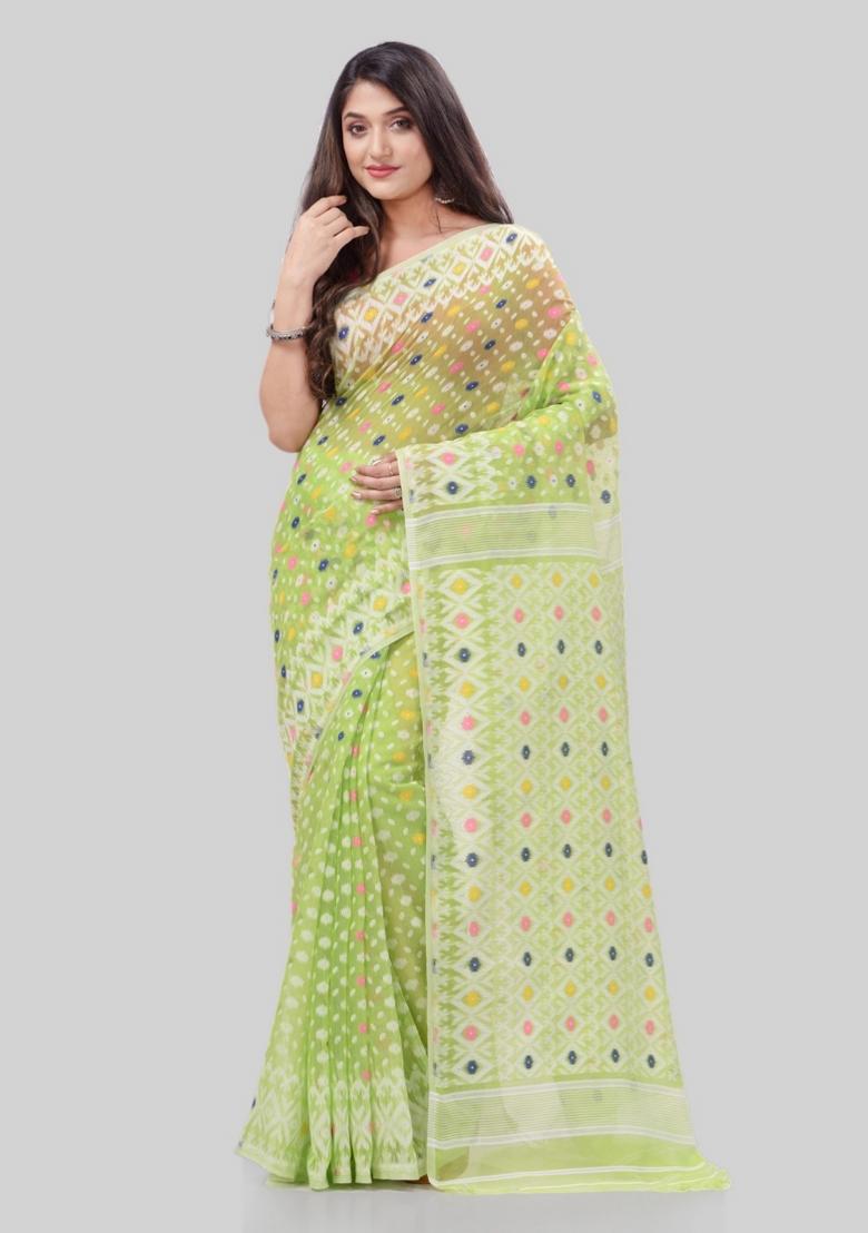 Lime Green Embroidered Cotton Saree