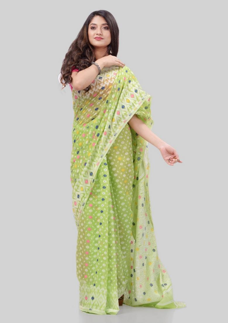 Lime Green Embroidered Cotton Saree