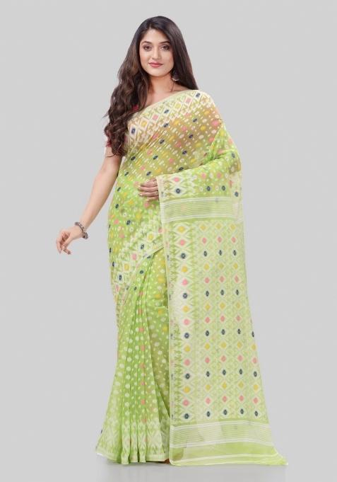 Lime Green Embroidered Cotton Saree