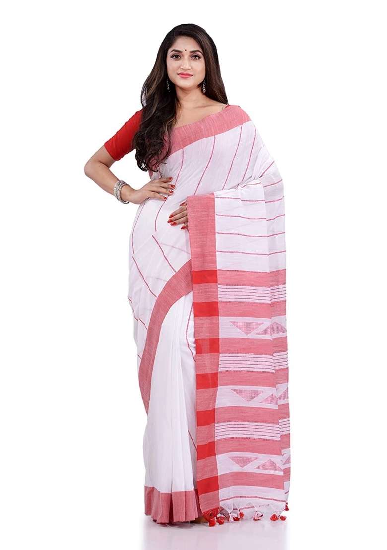 White Embroidered Cotton Saree Set for Diwali and Festive Wear - Indya