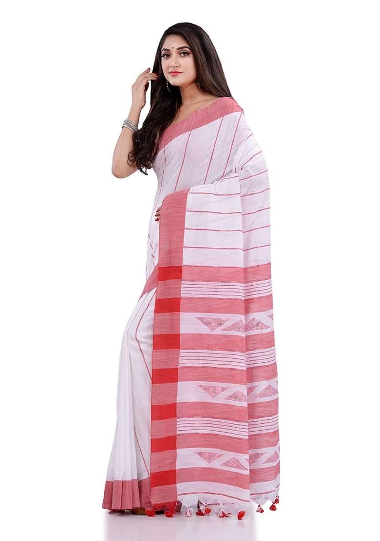 White Embroidered Cotton Saree Set for Diwali and Festive Wear - Indya