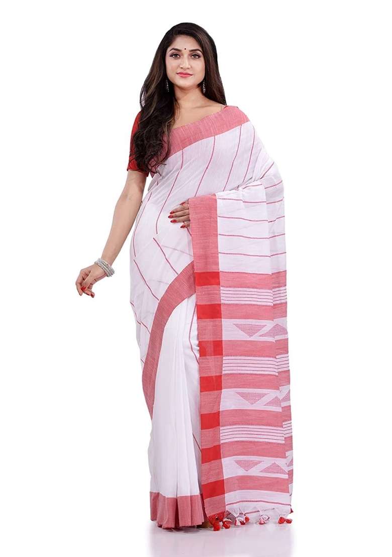 White Embroidered Cotton Saree Set for Diwali and Festive Wear - Indya
