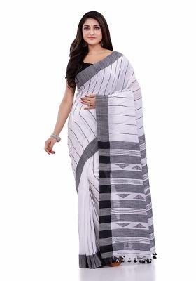 White Embroidered Cotton Saree Set