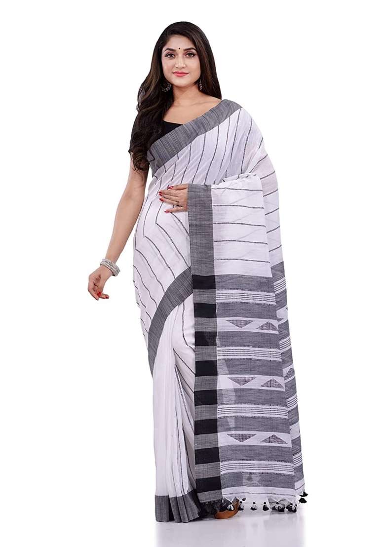 White Cotton Saree Set with Embroidered for Diwali | Wedding & Festive Wear - Indya