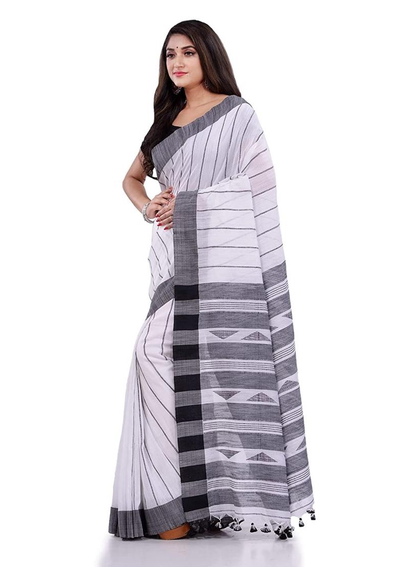 White Embroidered Cotton Saree Set