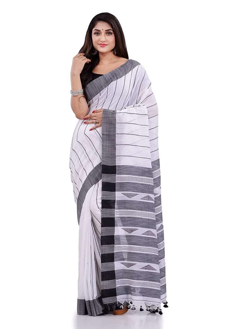White Cotton Saree Set with Embroidered for Diwali | Wedding & Festive Wear - Indya
