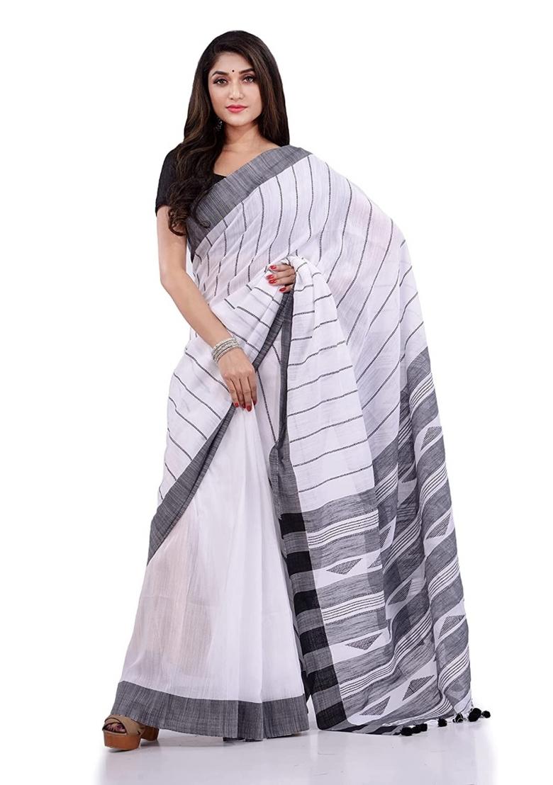 White Embroidered Cotton Saree Set