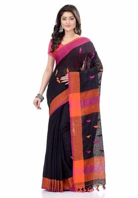Black Embroidered Cotton Saree Set