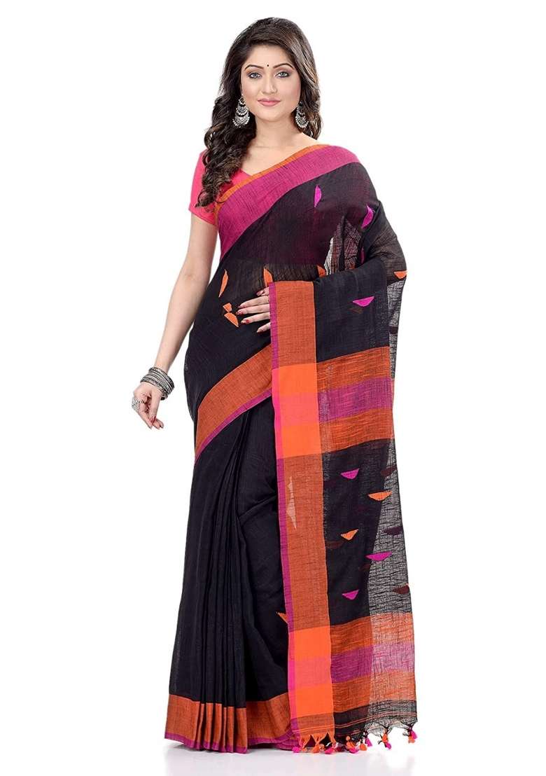 Black Cotton Saree Set with Embroidered for Diwali | Wedding & Festive Wear - Indya