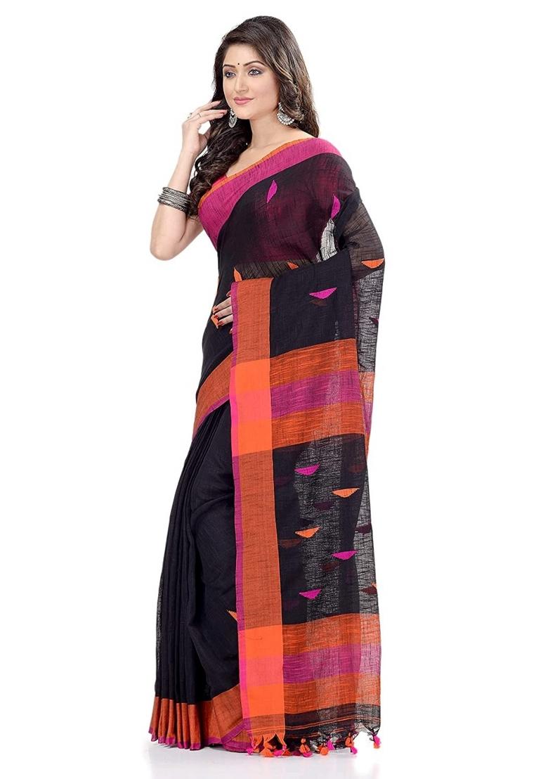Black Embroidered Cotton Saree Set