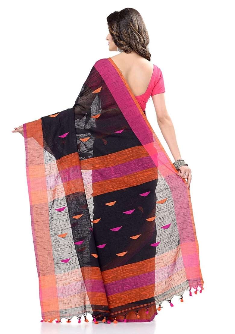 Black Cotton Saree Set with Embroidered for Diwali | Wedding & Festive Wear - Indya