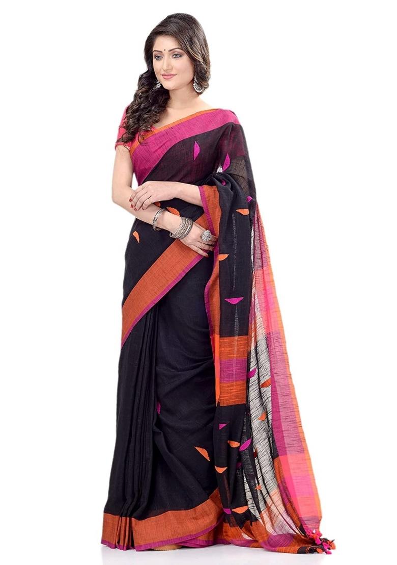 Black Embroidered Cotton Saree Set