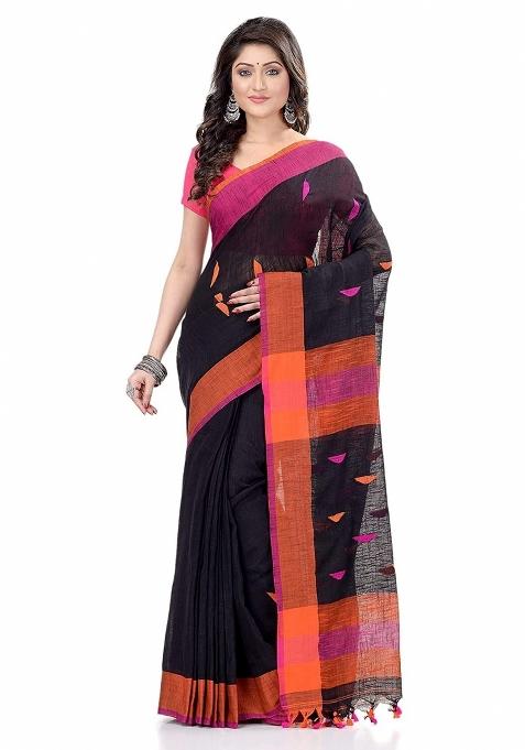 Black Embroidered Cotton Saree Set