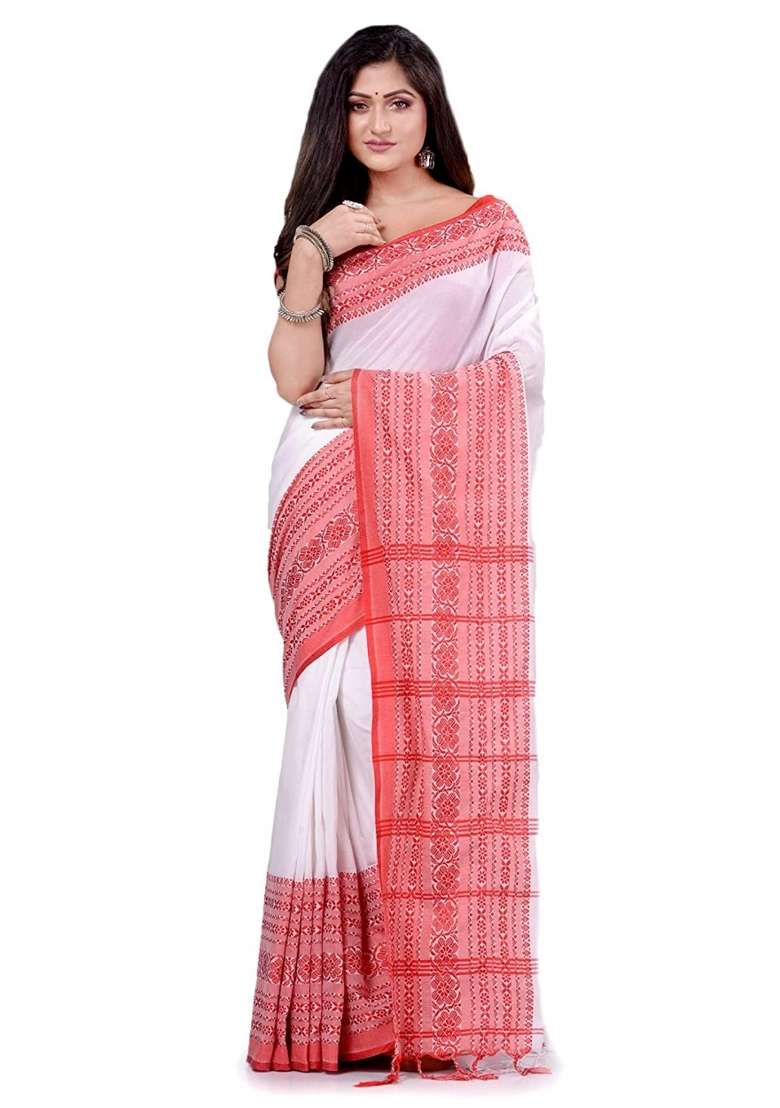 White Embroidered Cotton Saree Set for Diwali and Festive Wear - Indya